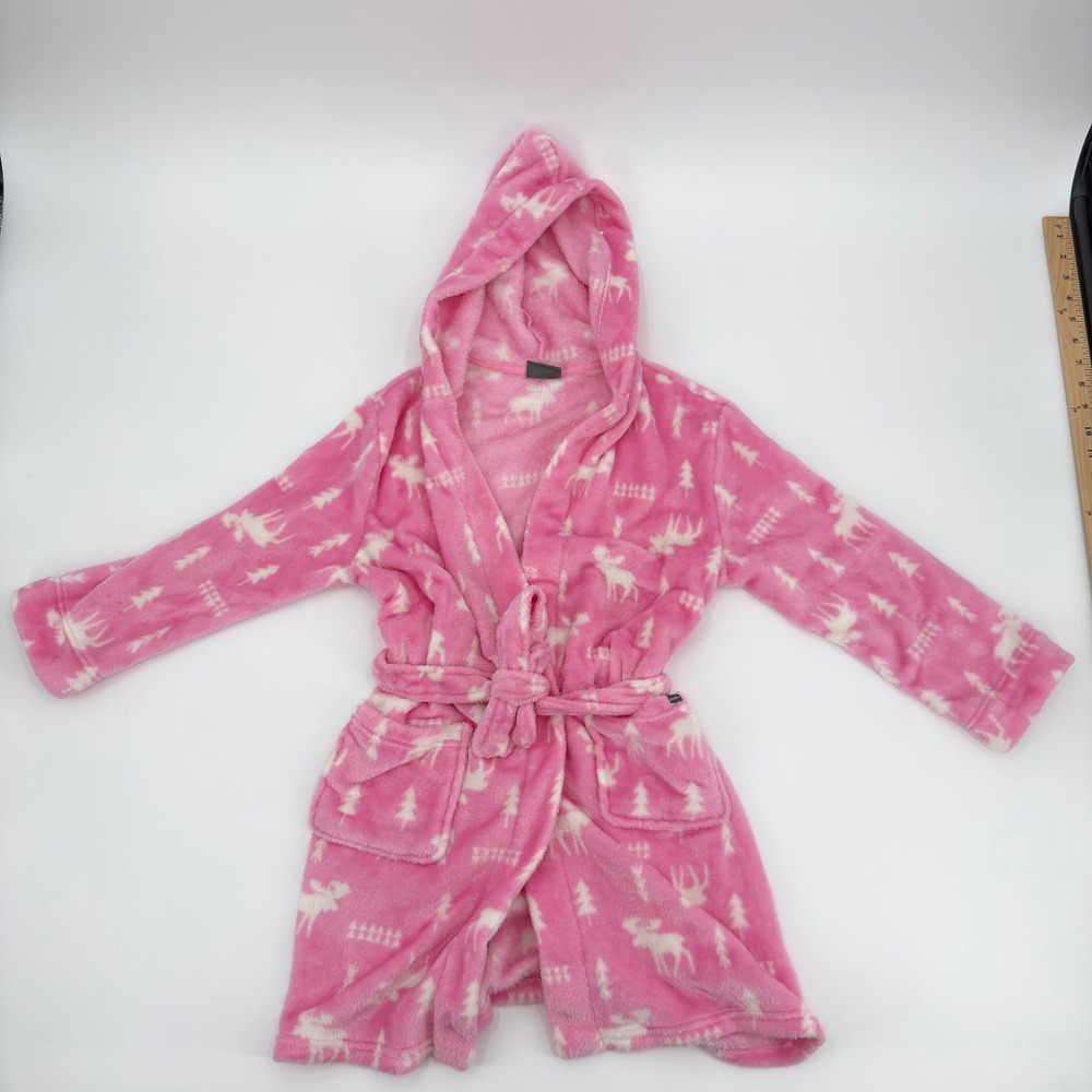 Eddie Bauer Kids Pink Moose Fleece Hooded Robe Size S 7/8 Wilderness PrintBelted